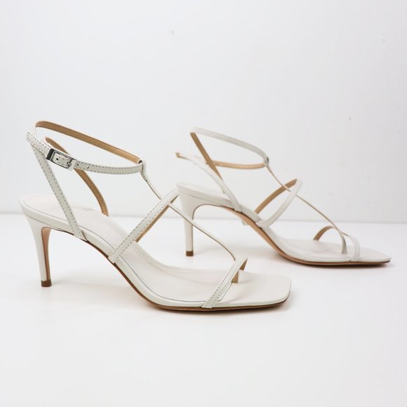 NWT Schutz Ameena Leather T-Strap Sandals Ankle Strap Kitten Heel Pearl Cream 7 - Picture 8 of 9